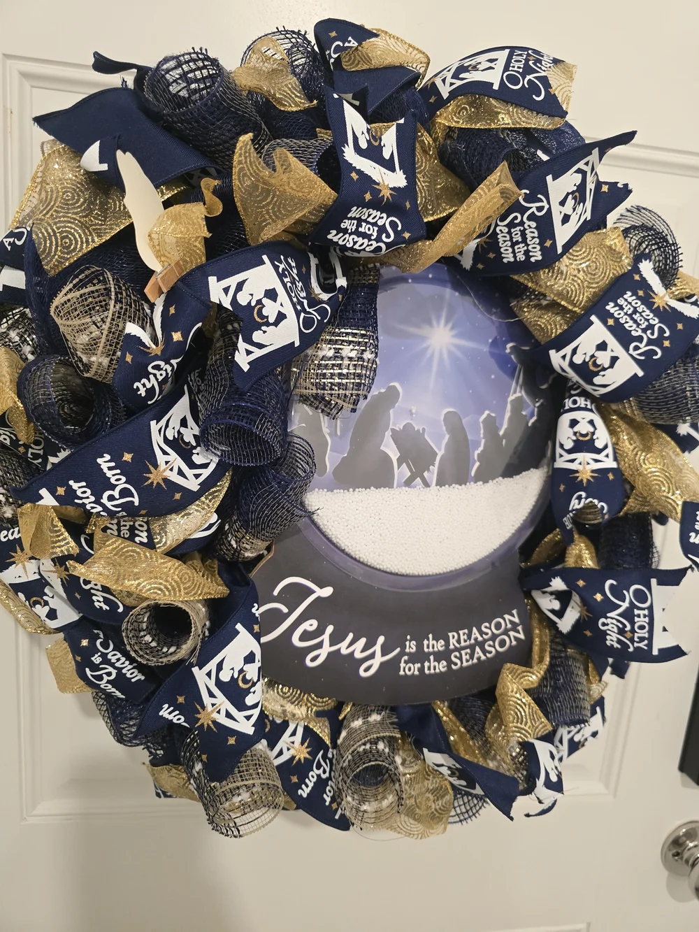Religious Christmas Wreath - Navy & Gold 